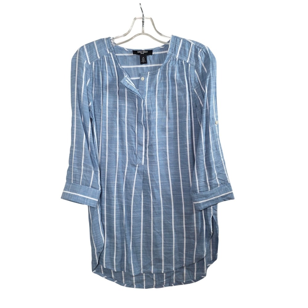 Nine West Jeans Striped Tunic Blue White Roll Tab Sleeve Medium Coastal, Casual